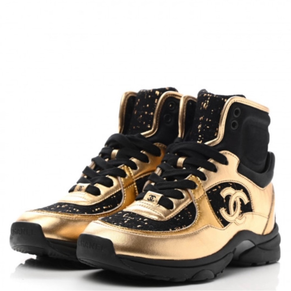 🔮Chanel Black and Gold CC High-Top Tweed Sneakers